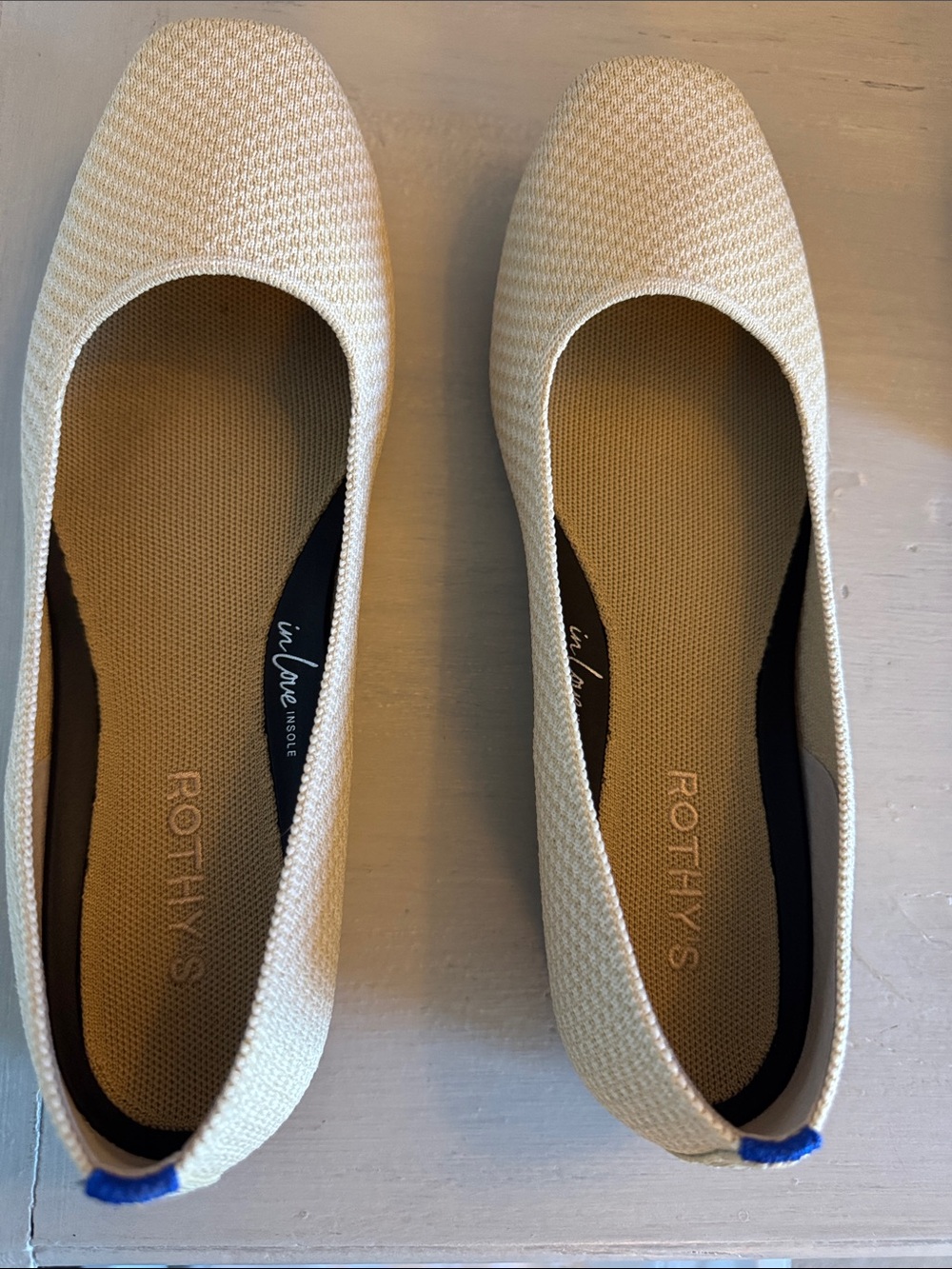 Rothy's Cream Knit Ballet Flats with Blue Heel Tab